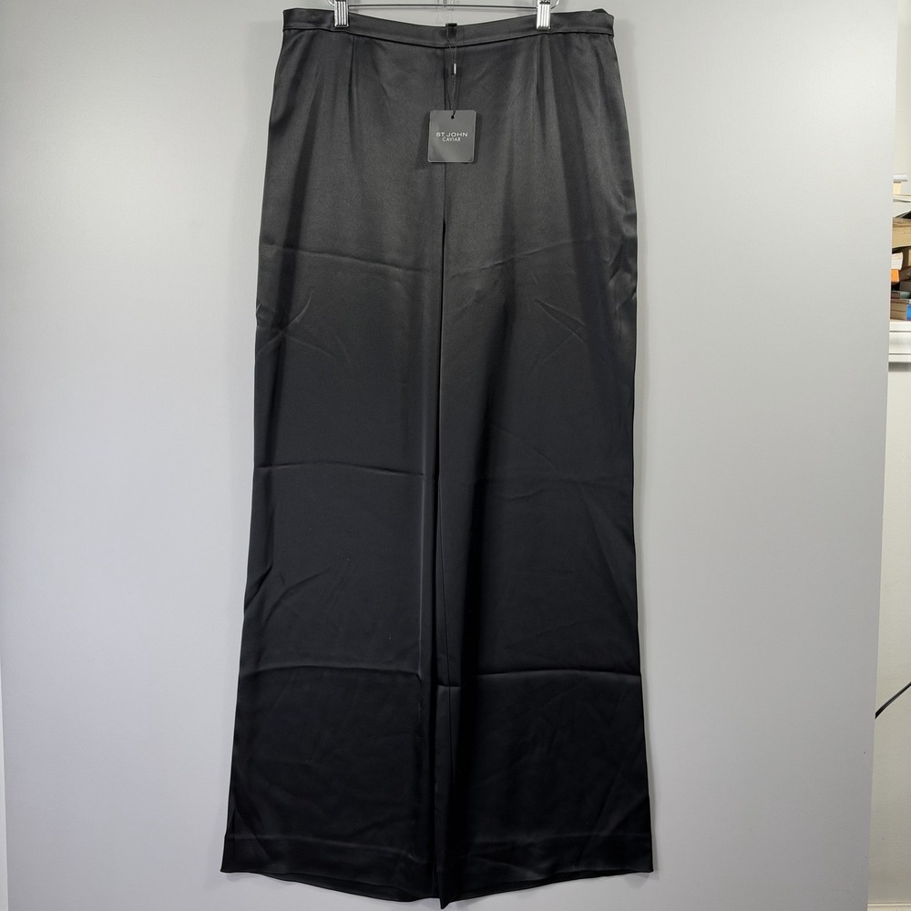 NWT St. John Caviar Pants Womens 14 Black Satin Wide Leg Kate Pull On Dress
